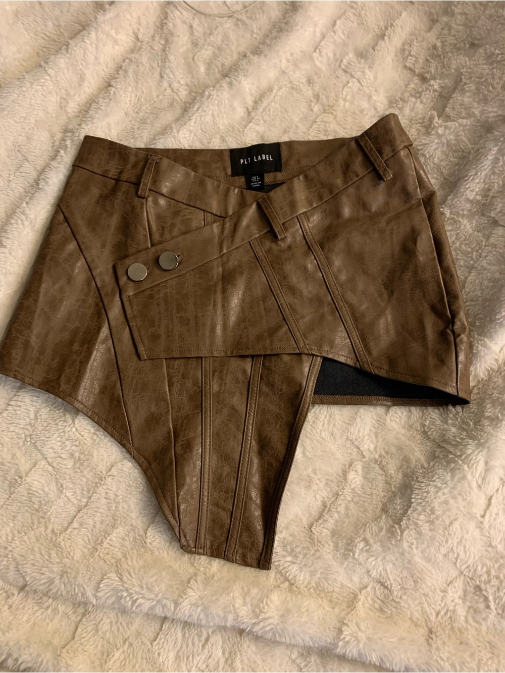 Brown Faux Leather Asymmetric Mini Skort